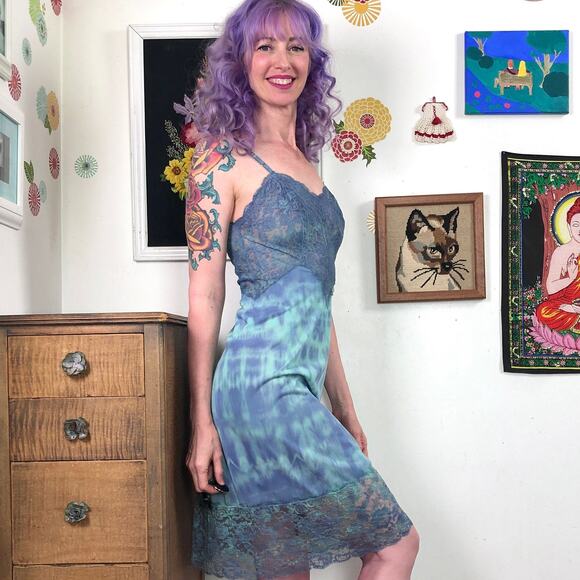 Vintage Hand Dyed Slip Dress, 1960s Vanity Fair Green & Blue Galaxy Mist Sz XS - Picture 10 of 10